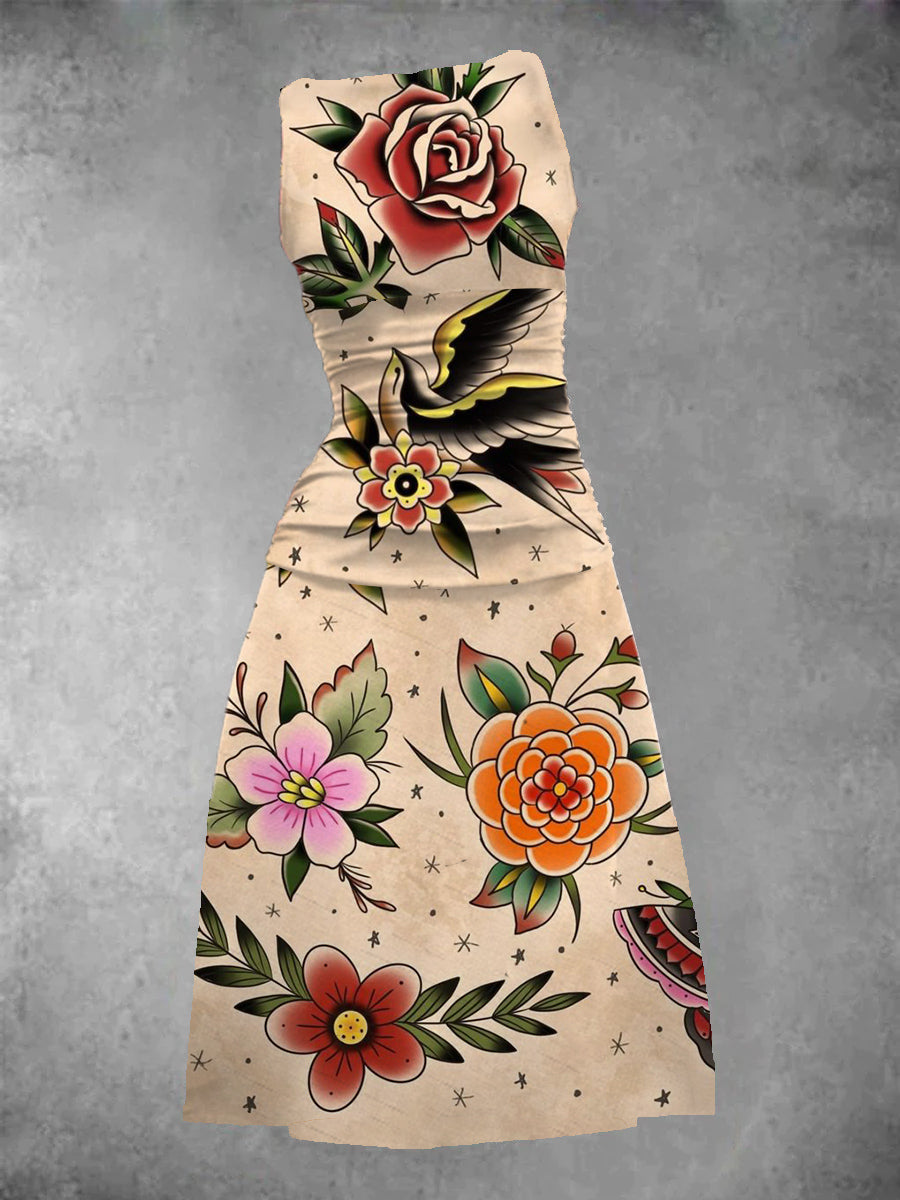 BlütenBliss® - Traditionelles Maxikleid mit Tattoo-Print für Frauen