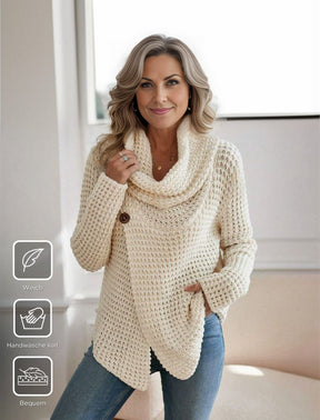 HerbstTrend® - Beigefarbener einfarbiger Pullover mit hohem Halsausschnitt