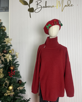 FallStil® - Roter einfarbiger Pullover mit hohem Ausschnitt