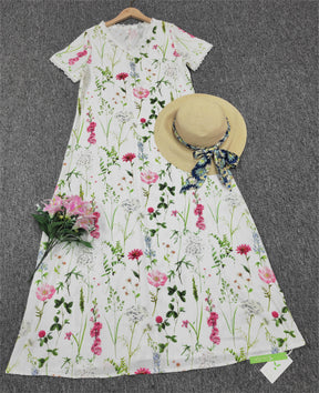 SpringStil® - Garden Print V-Ausschnitt Weißes Maxi-Sommerkleid