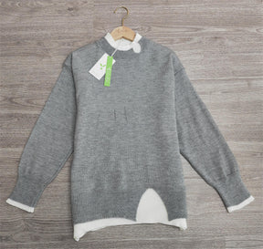 BlütenBliss® - Grauer und weißer übergroßer Pullover mit langen Ärmeln und Cut-Out