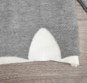 BlütenBliss® - Grauer und weißer übergroßer Pullover mit langen Ärmeln und Cut-Out