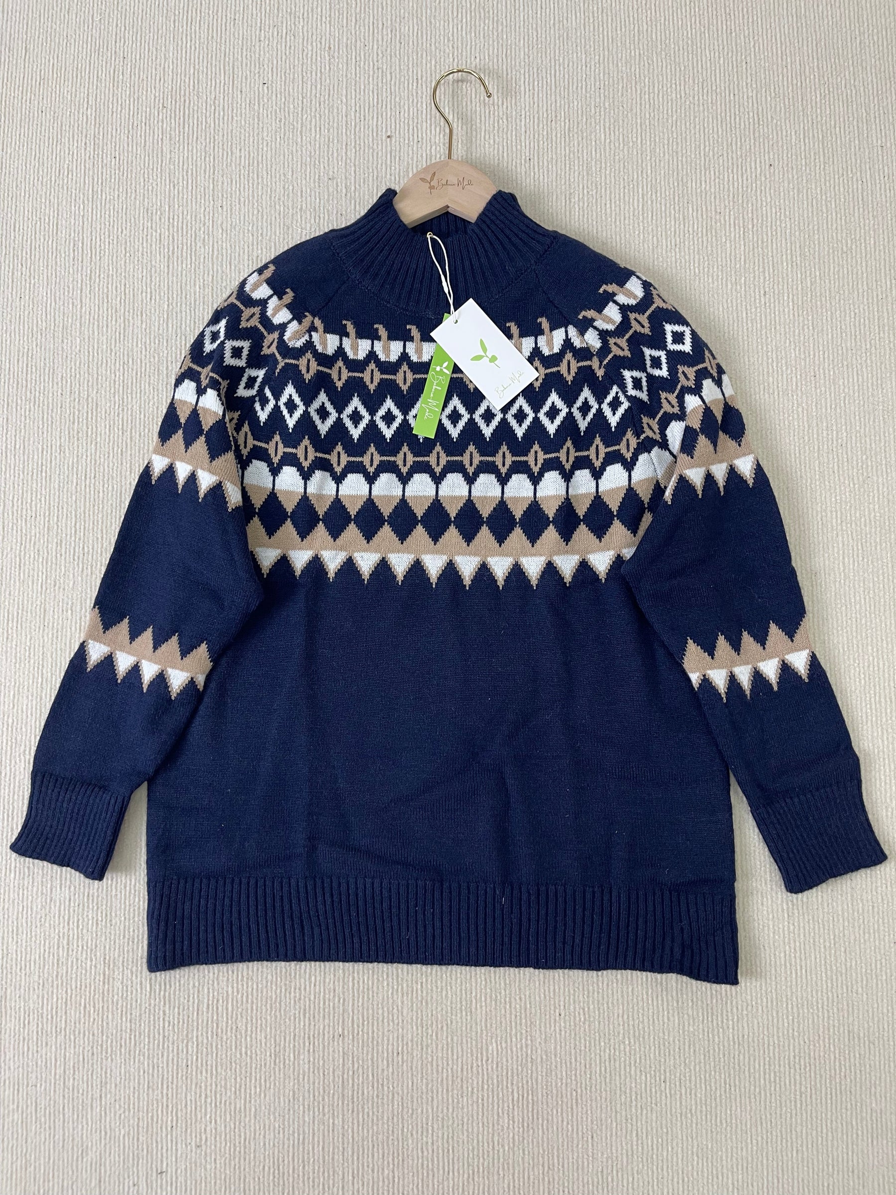 StrickSinn® - Blauer langärmeliger geometrischer Pullover