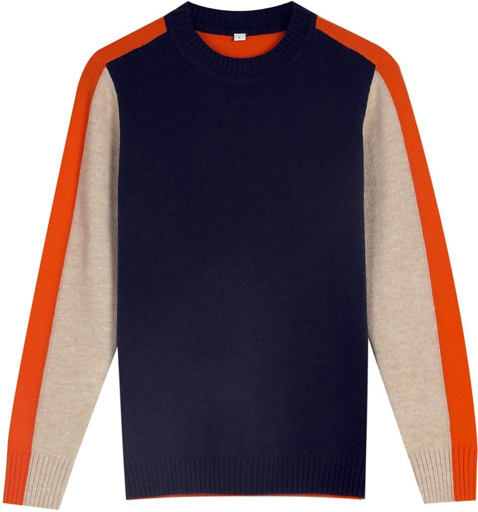 FallStil® - Marineblauer und orangefarbener Pullover mit Retro-Streifen