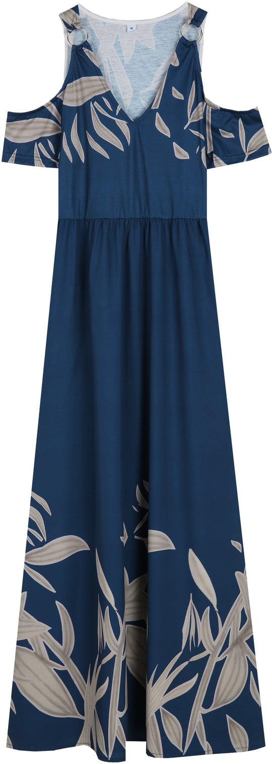 Purewear®- Kobaltblaues Sommer-Maxi-Kleid mit plissiertem V-Ausschnitt und kalten Schultern