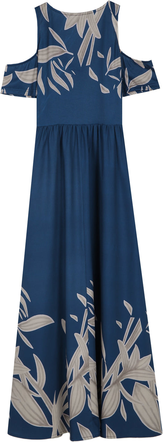 SpringStil® - Kobaltblaues Sommer-Maxi-Kleid mit plissiertem V-Ausschnitt und kalten Schultern