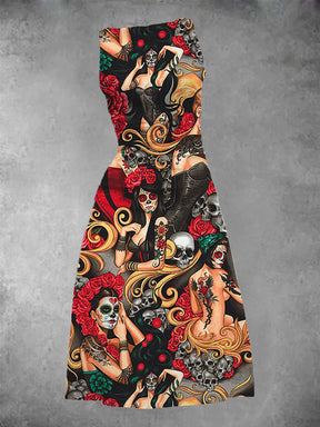 BlütenBliss® - Damentag der Toten Tattoo Print Maxikleid